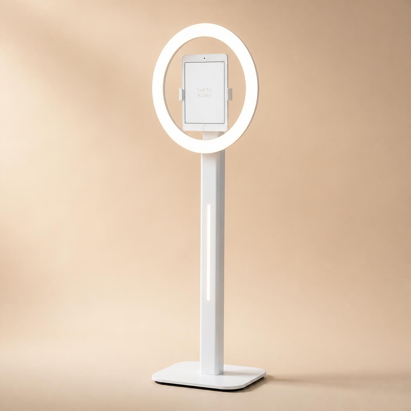The Parallens Studio open-air Selfie Pod on a slim white stand with a ring light